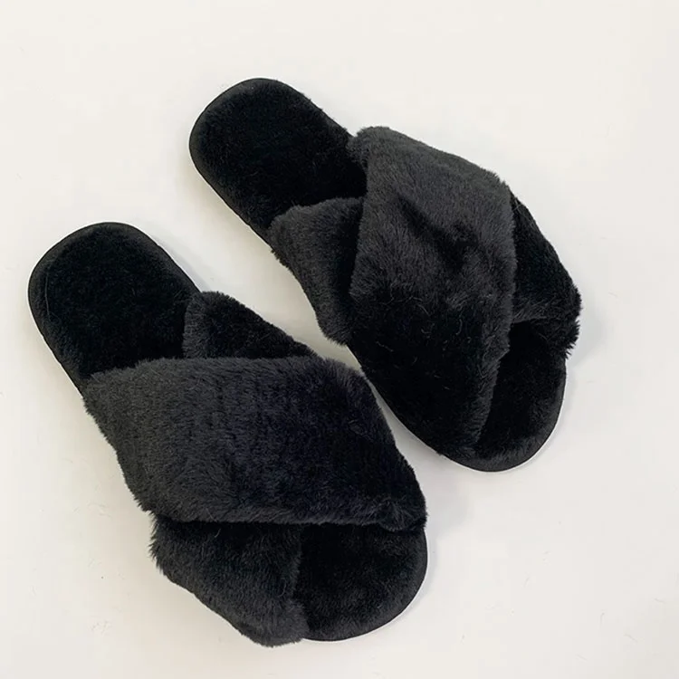 Beautiful Faux Fur Plush Cross Strap Slippers Fashionable Indoor Outdoor Hard-wearing Women Fuzzy Home Slippers Wholesale