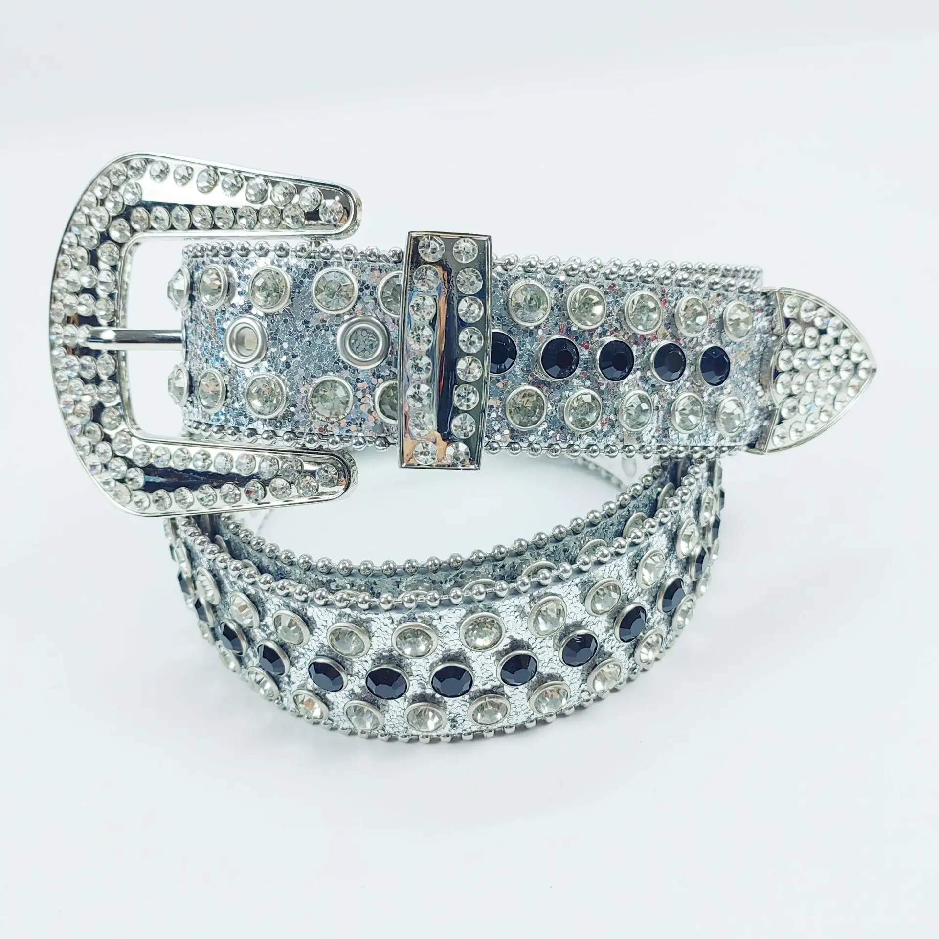 Custom logo genuine leather rivet BB belt designer shiny flower buckles diamond studded gray star rhinestone belts for women