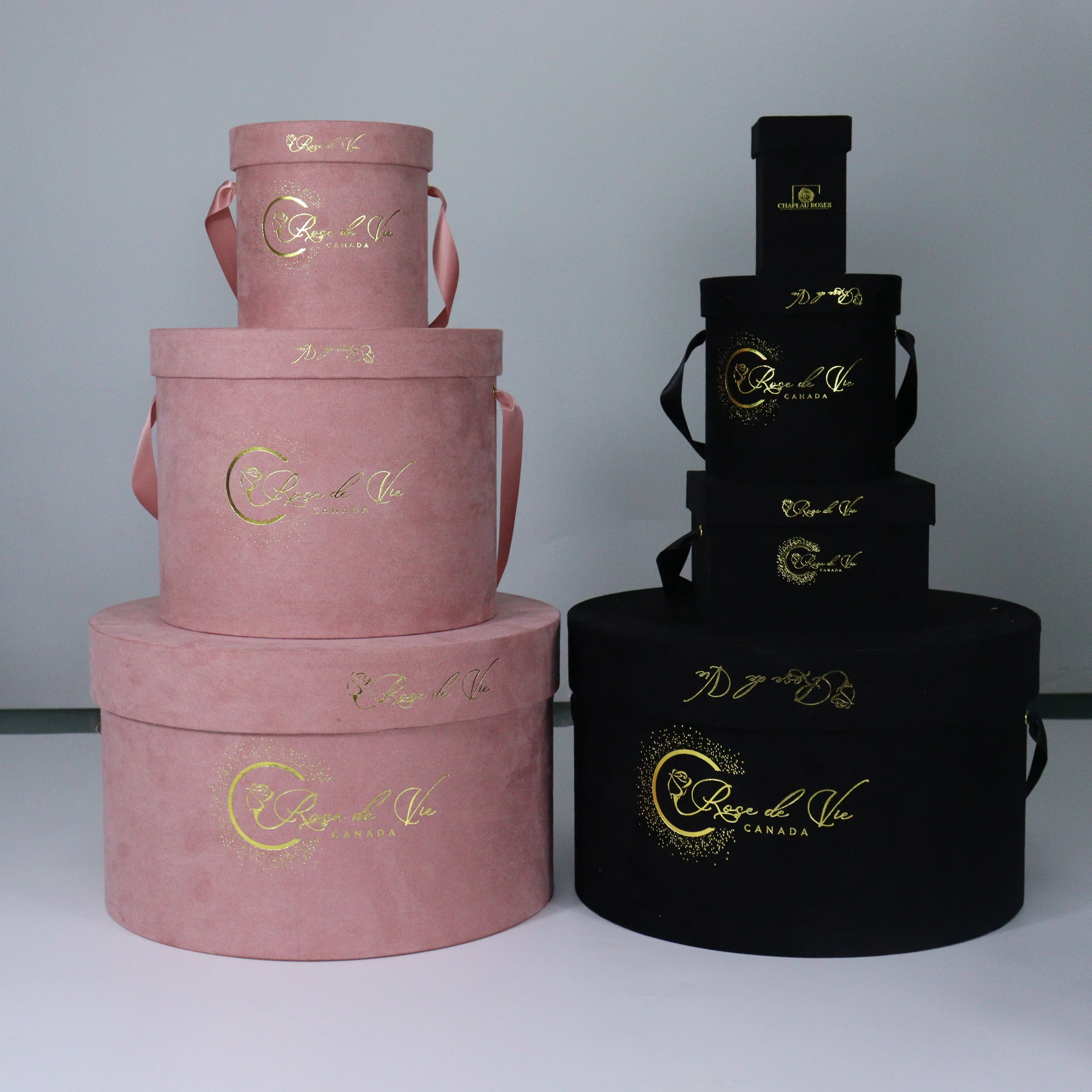 Luxurious Style Valentine Mother Day Floral Roses A Sets of Gift Boxes Cylinder Suede Velvet Round Paper Rose Box For Flowers