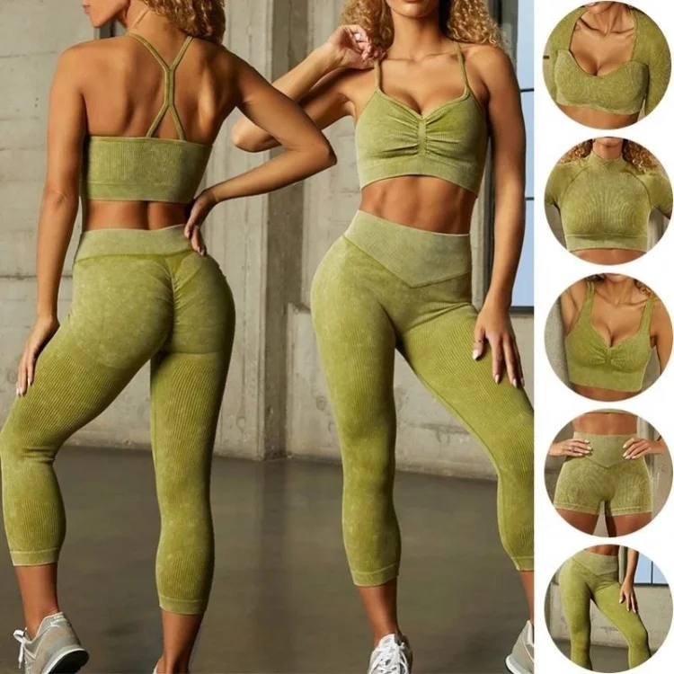 New 2/3/6pcs Ribbed Seamless Sand Washed Yoga Sets Women Workout Clothes Scrunch Booty Leggings Set