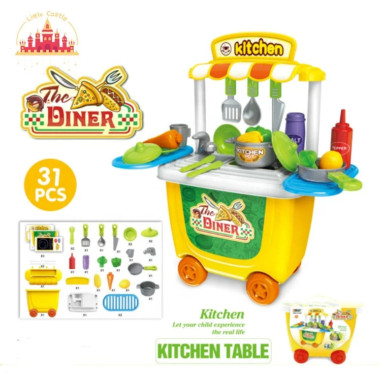 31 Pcs Yellow Color Kids Kitchen Table Plastic Cutlery Cart Toy SL10D059