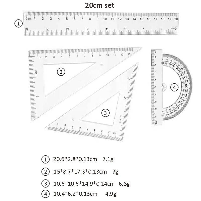 4 Pcs Plastic Clear Ruler Math Set Includes Protractor Triangle Rulers Straight Ruler for School Office Home Supplies