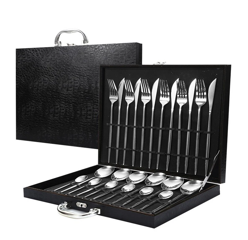 Wholesale Reusable Luxury Stainless Steel Gold Flatware Wedding Restaurant 24Pcs Modern Cutlery Set With Case