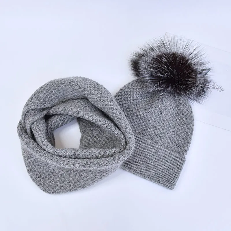 Оптовая продажа, зимняя шапка, шарф, наборы, роскошные женские шерстяные вязаные зимние шапки с помпоном из натурального меха