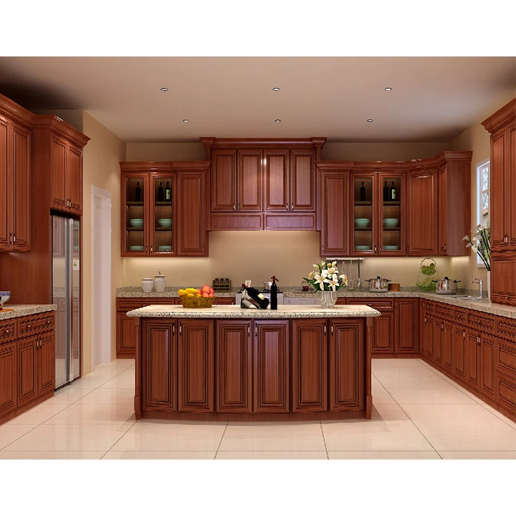 Custom european style red cherry real solid wood cabinet furniture rosewood kitchen cabinets set designs with island