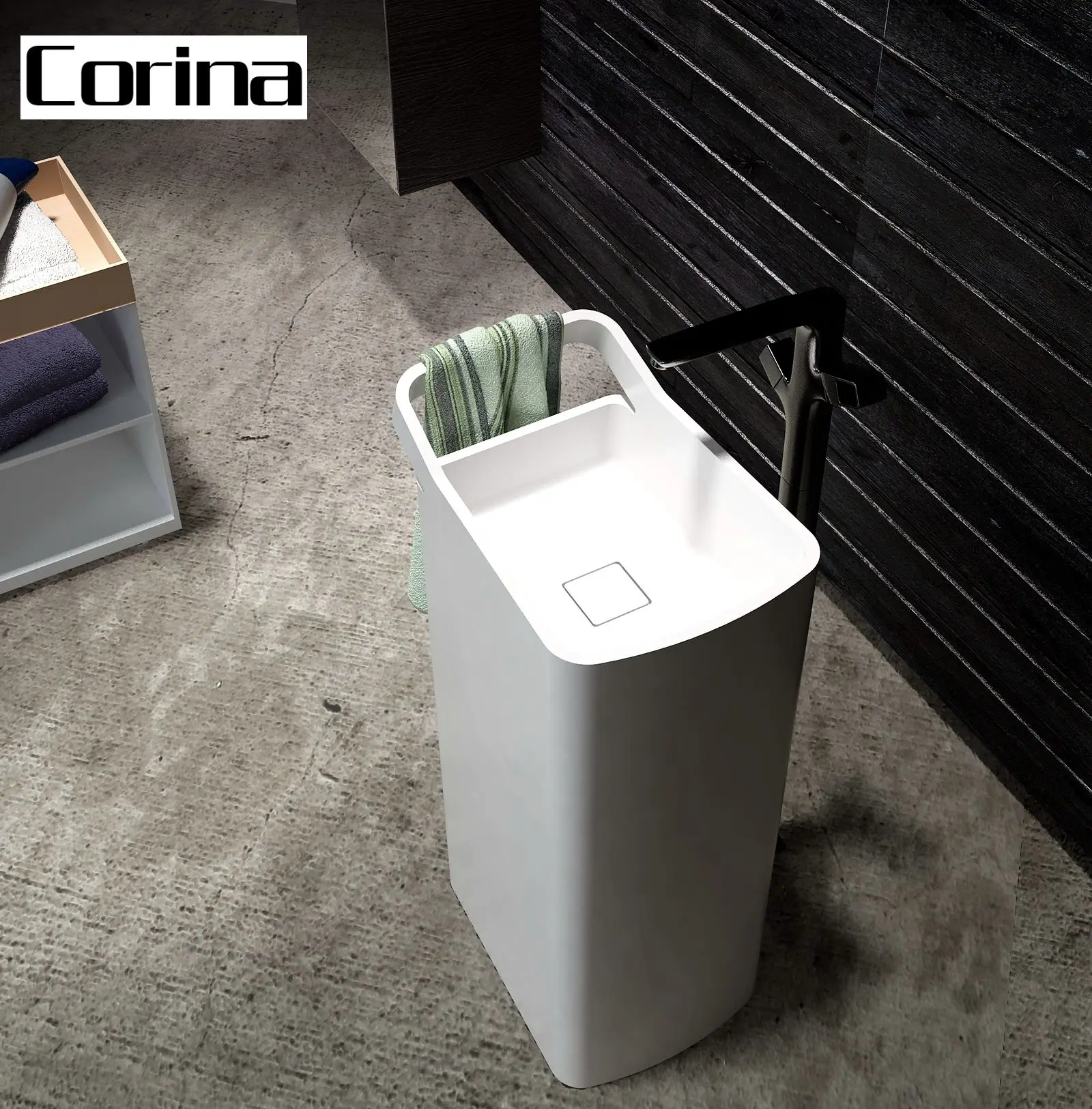 Matte White Freestanding Floor Stand Hand Wash Basin with Towel Hang Artificial Stone Pedestal Bathroom Basin