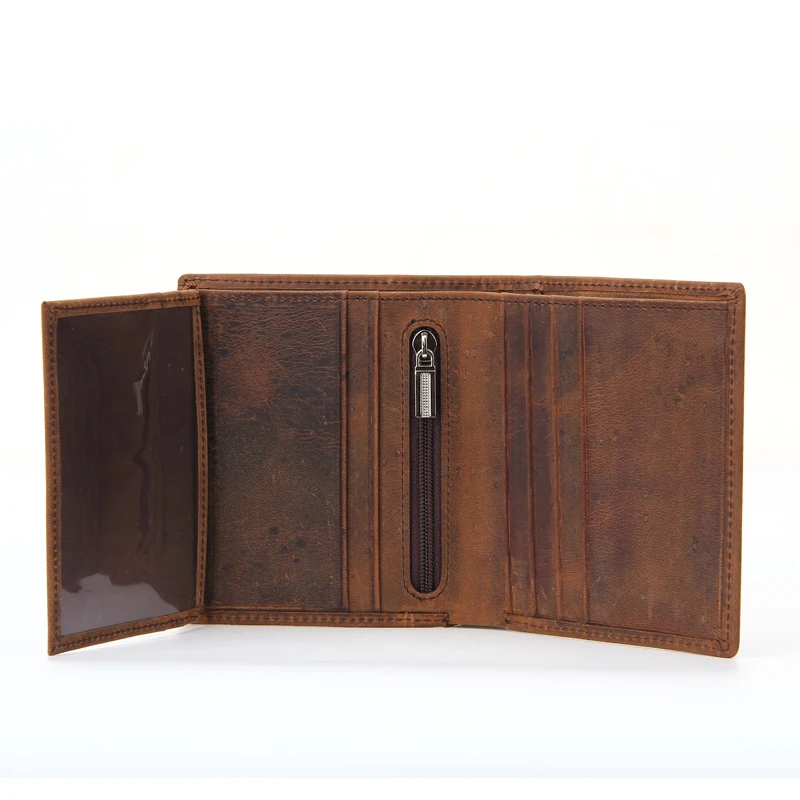Custom Wallet Maker Mens Flip Side Wallet RFID Brown Crazy Horse Leather Wallet