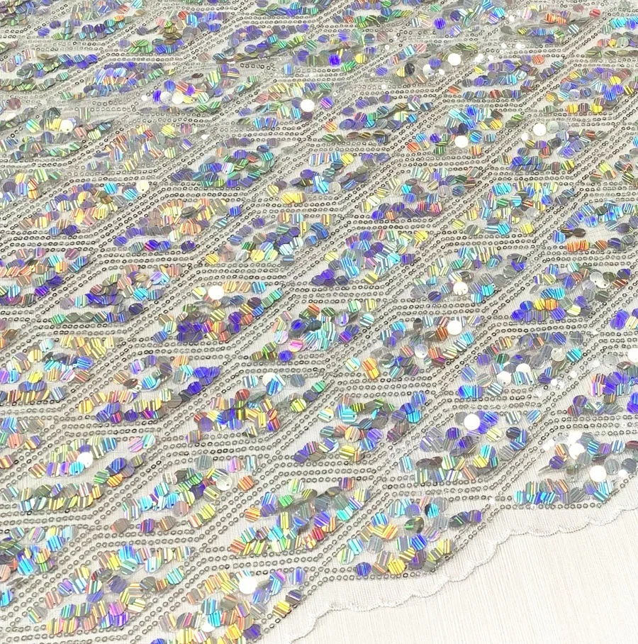 high quality silver all over two tone 3mm+9mm sequin tulle lace fabric wholesale stock for dress or clothing