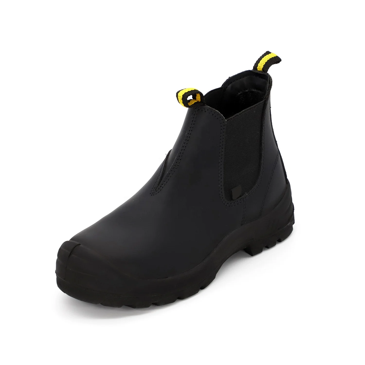 Quality  black genuine leather working steel toe mid cut ankle boots safety shoes without shoelace men work boots no lace