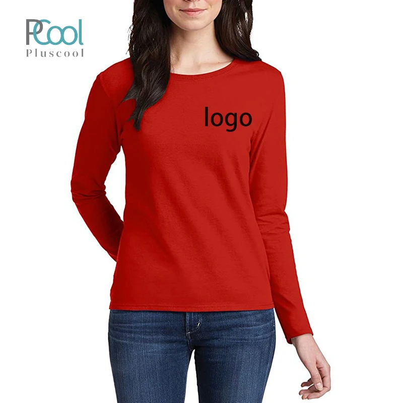 Wholesale ladies 100% cotton long sleeve cheap custom red t shirt