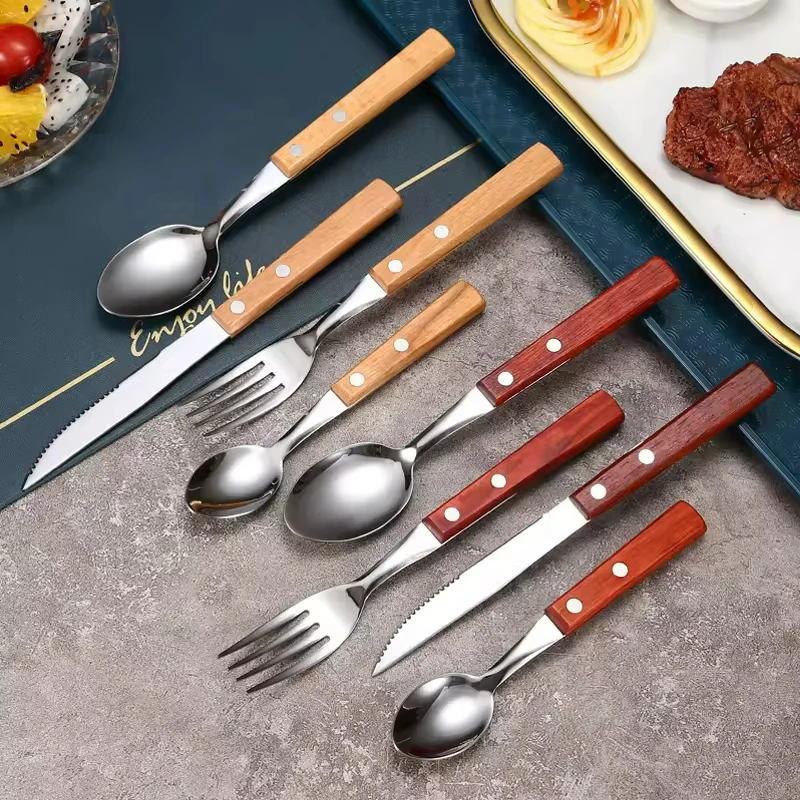 Top Sale Stainless Steel Golden Tea Spoon Fork Knife Set Reusable Wooden Cutlery