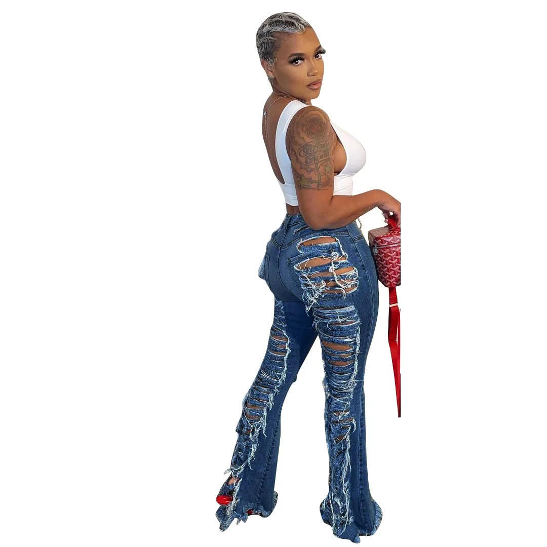 Wholesale Manufacture Woman Boyfriend Denim Pants hole tassel flare Women Jeans