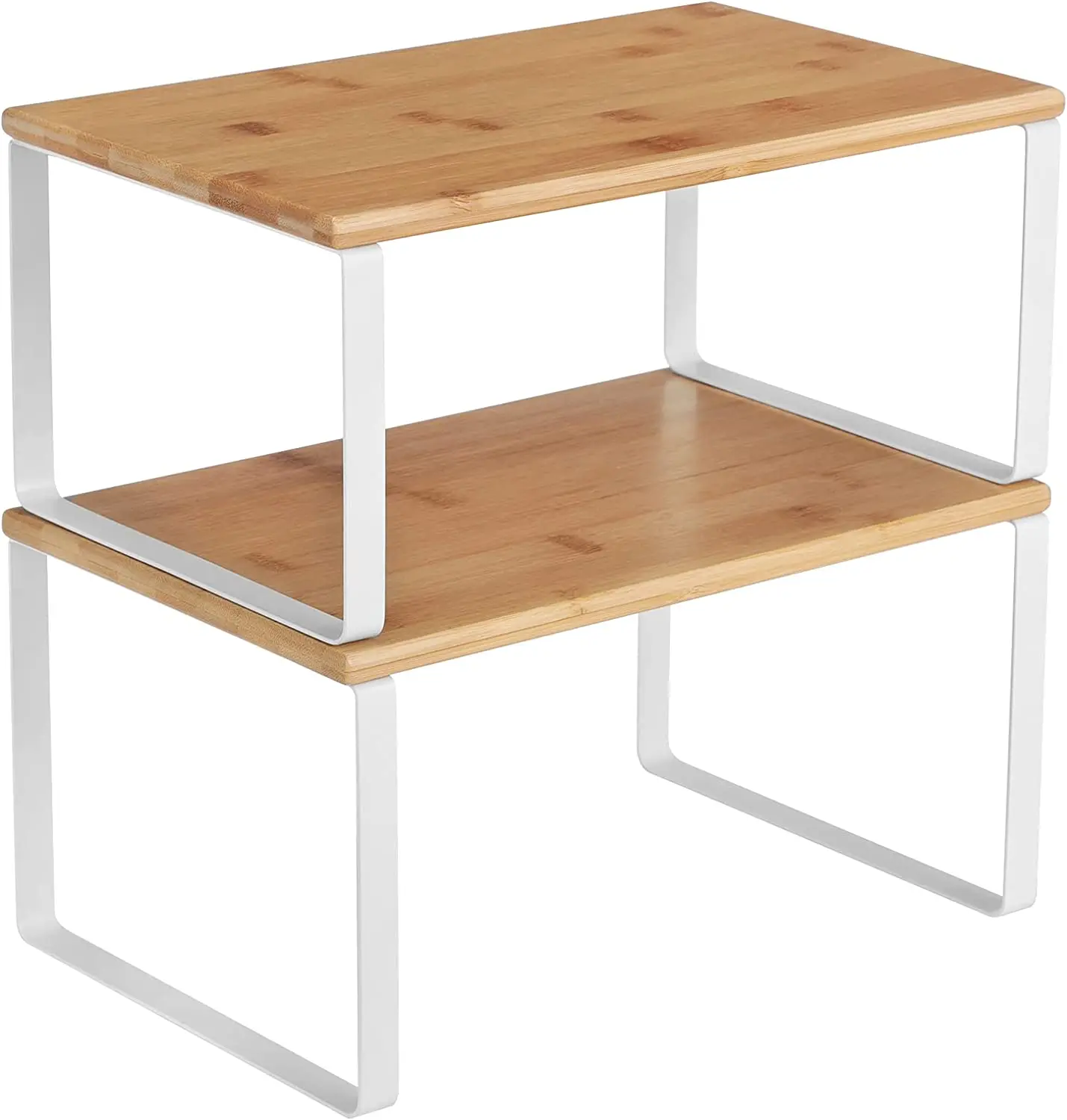 High Quality Set of 2 Kitchen Counter Shelves Stackable Expandable Metal and Wood White and Natural Cabinet Shelf Organizers