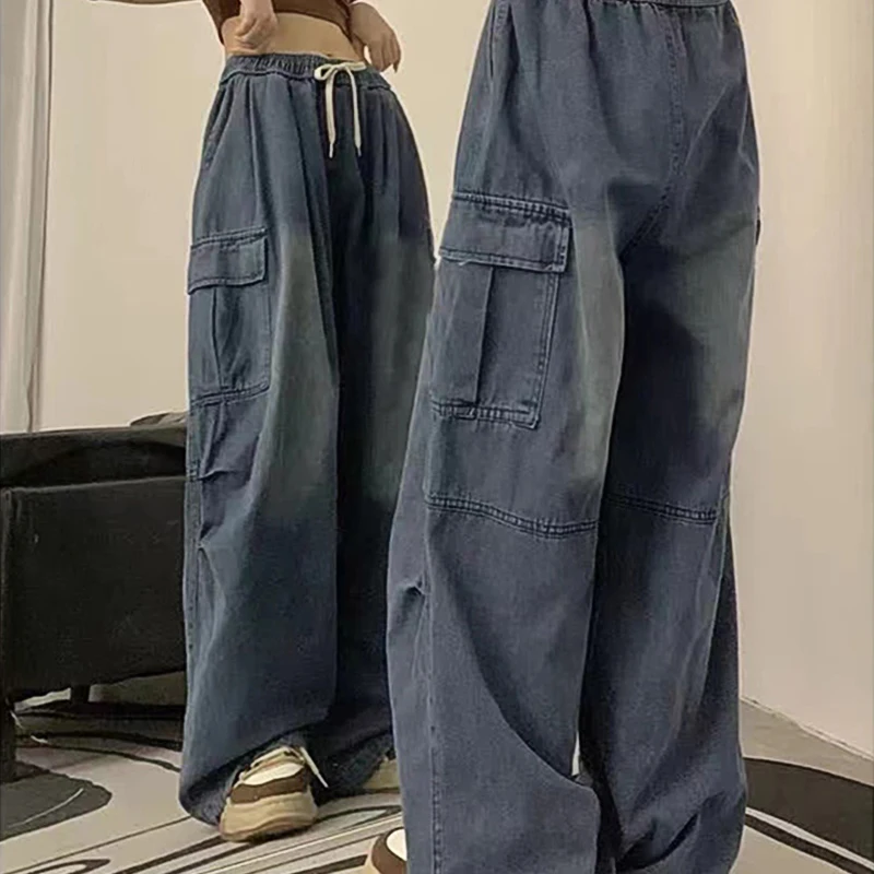 Custom OEM Manufacturer Vintage Pockets High Waist Streetwear baggy Casual ladies Long parachute Cargo Pant for women Trousers