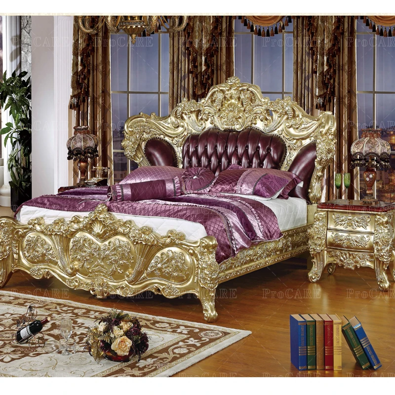 ProCARE European Champagne Luxury Bedroom Solid Wood Carved Luxury Wedding Bed