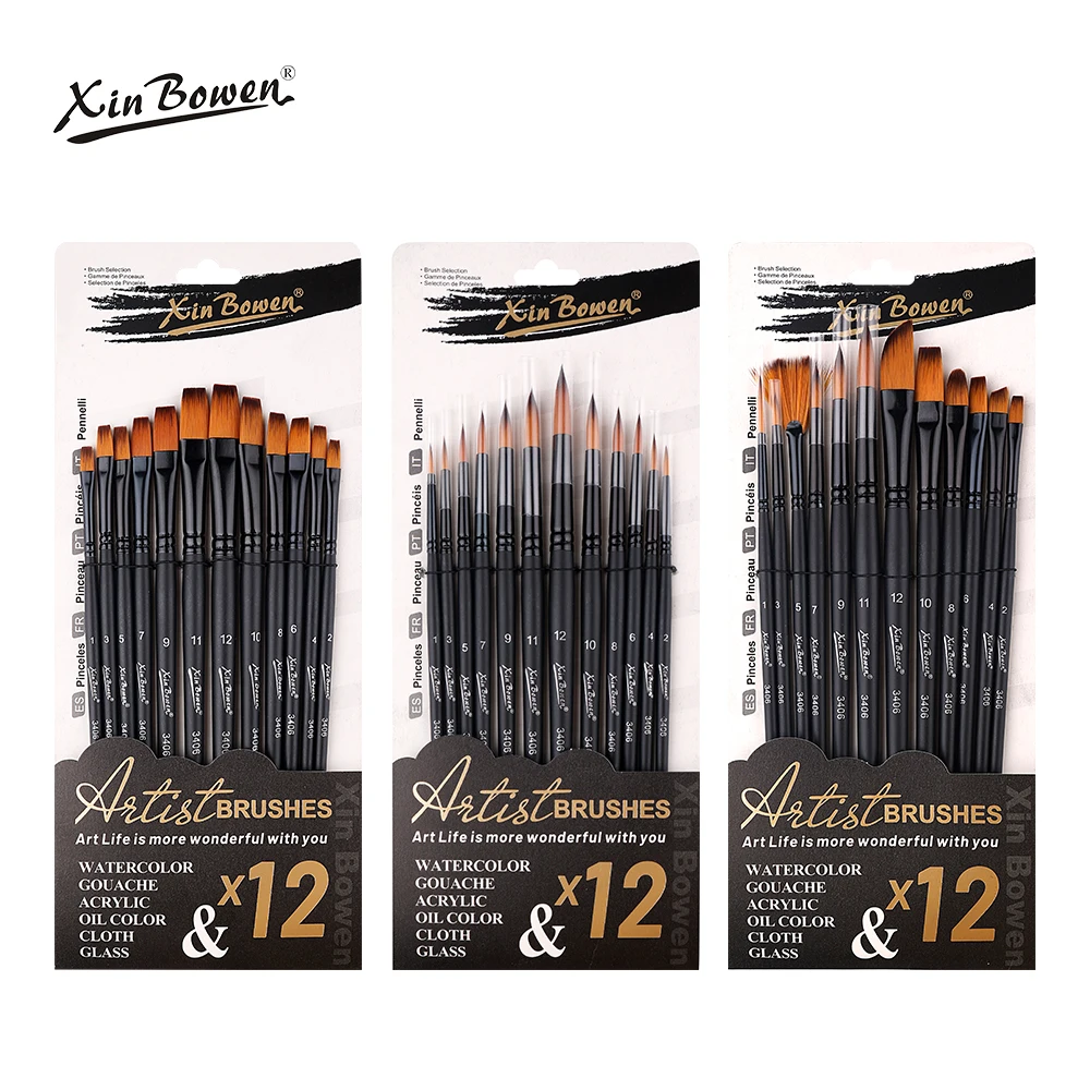 Xin Bowen Painting Brushes Set 12 PCS Acrylic Oil Watercolor Brush Nylon Hair Artist Brush for Art Painting
