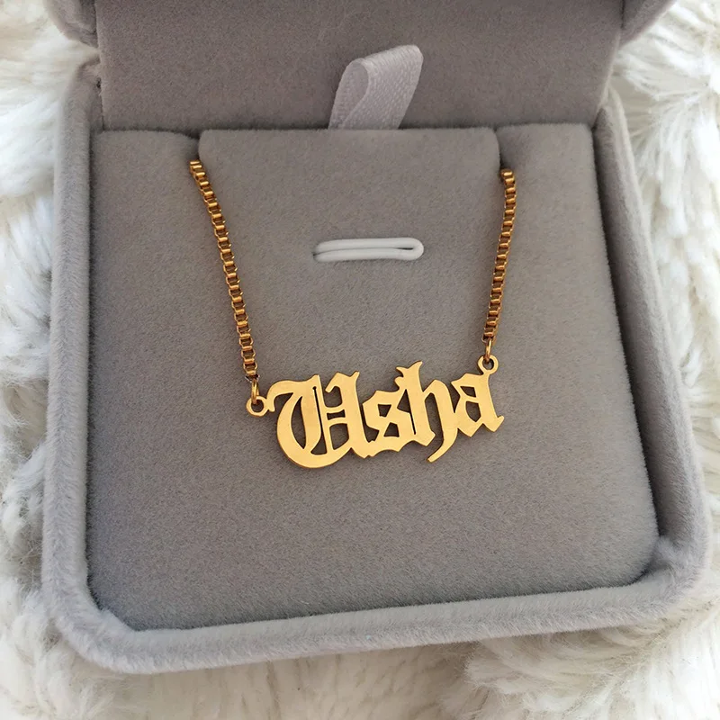 Lateefah OEM Custom Necklace Private Name Old English Necklace Box Chain 18K gold plated stainless steel necklace