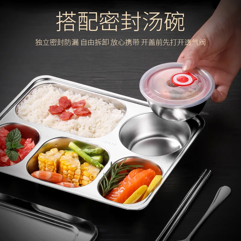 5 Compartment 304 Stainless Steel Dinner Divided Plates with Cover Lid Rectangle Section Weddings Christmas School