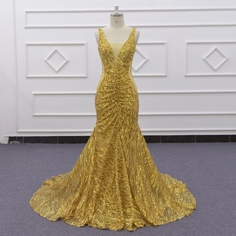 Eslieb SJ247 actual photo Sexy v-neckline Mermaid or Trumpet Shiny Gold lace Pakistani Bridal wedding Dresses