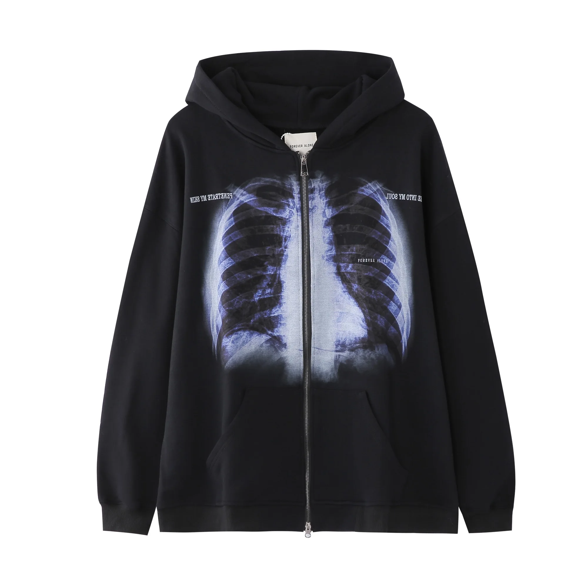 Wholesale organic cotton thick heavy weight digital bandana printed black oversized 400gsm zip up skeleton hoodie