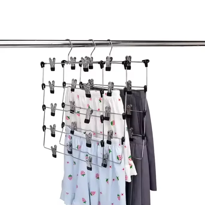 Hot selling wholesale foldable hanger wardrobe save space multilayer metal pant hanger with clips