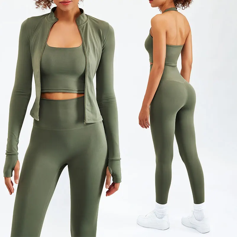 3Pieces Women Home Gym Fitness Set Workout Slim Fit Coat Wear Clothing Suit Sport Bra Yoga Legging Zip Long Sleeve Yoga Set