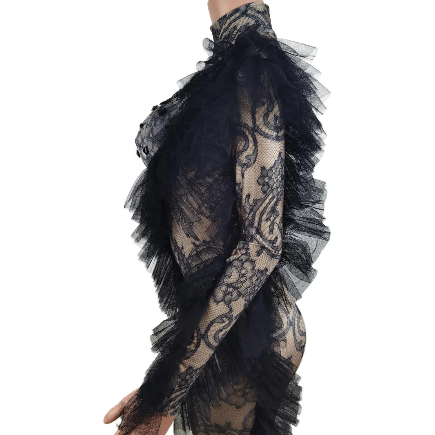 2023 Long Sleeves Black Lace Print Ruffles Bodysuits Photoshoot Exotic Dancer Clothes Women Party Rompers Rhinestone Jumpsuit