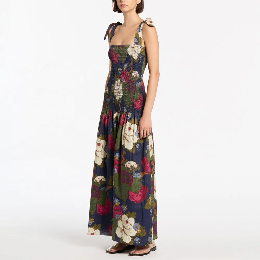 2023 Women Linen Dress Summer High quality clothing Square collar Linen floral maxi dress lace up waist loose casual dresses