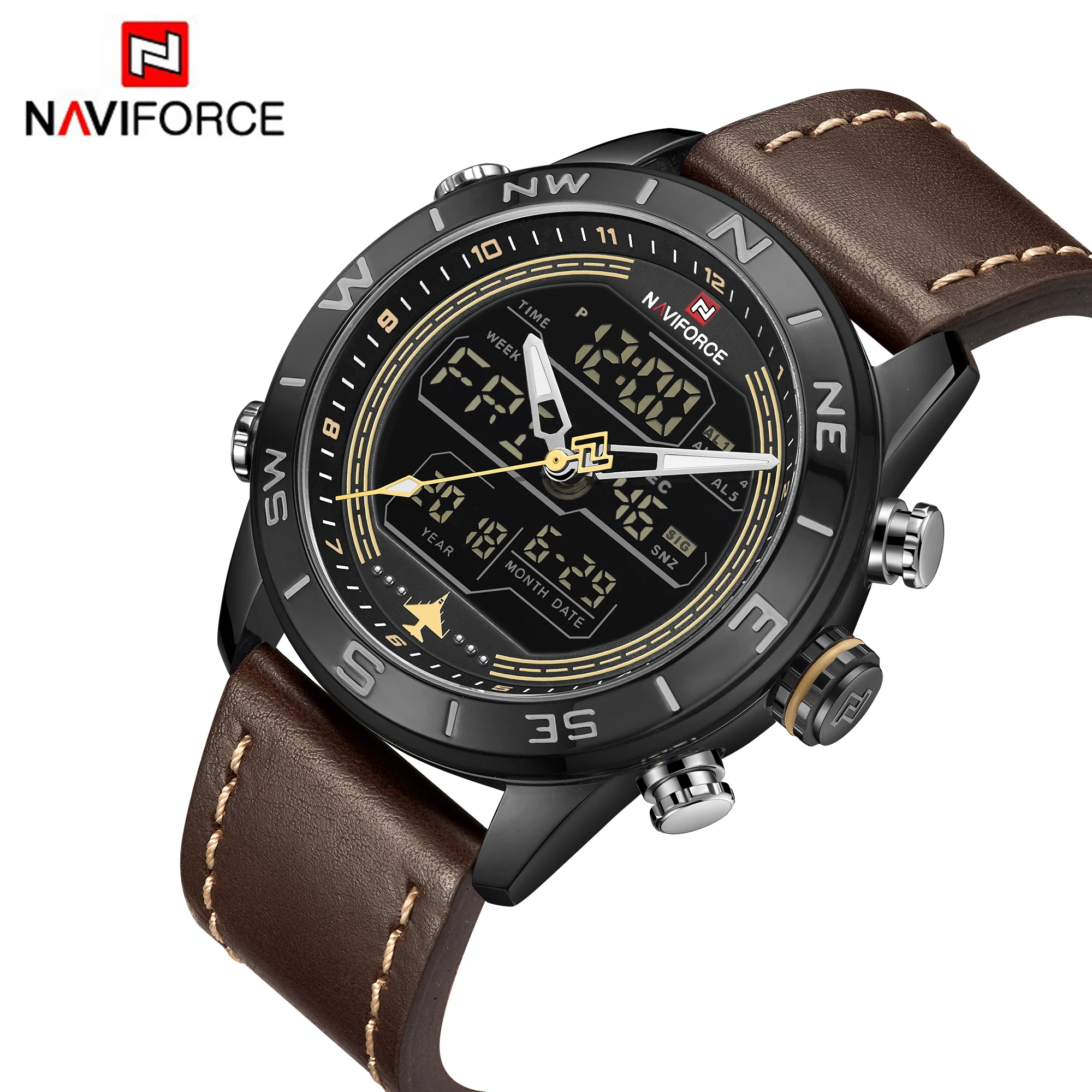 
2020 naviforce 9144 quartz analog digital watches OEM design water resistant led digital leather western wrist watch for man 