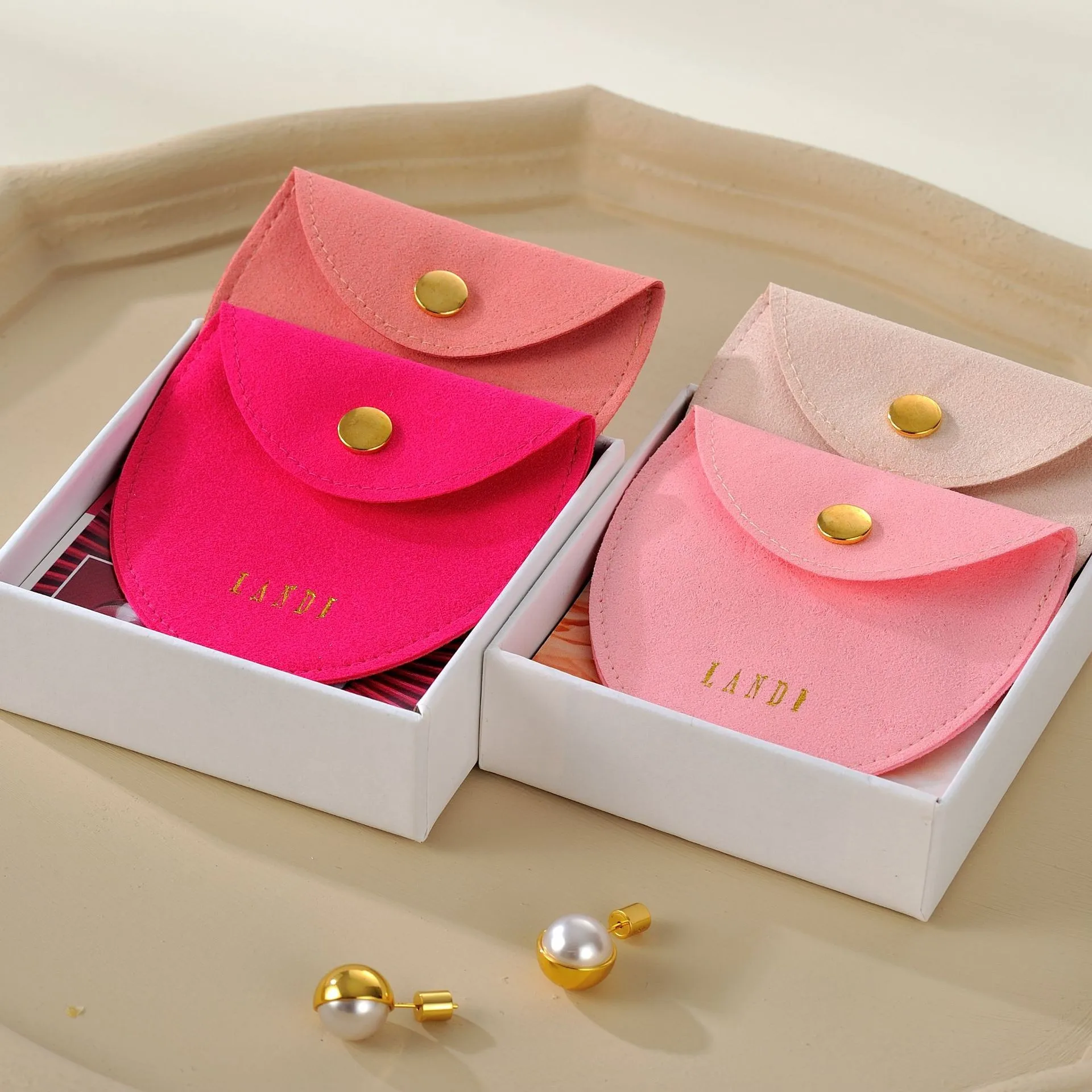 New Arrival Magnetic Box Custom Logo Drawer foldable  Box Pink Microfiber Oval Metal Buckle Bag Jewelry Pouch Set Gift Packaging