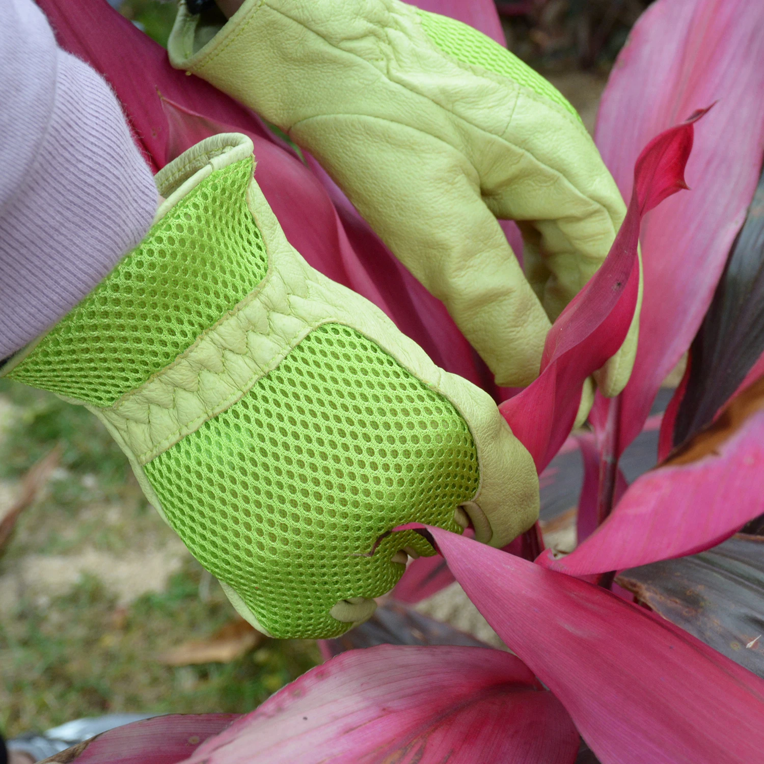 HDD whole green sale puncture resistant breathable pigskin leather breathable mesh back gardening gloves