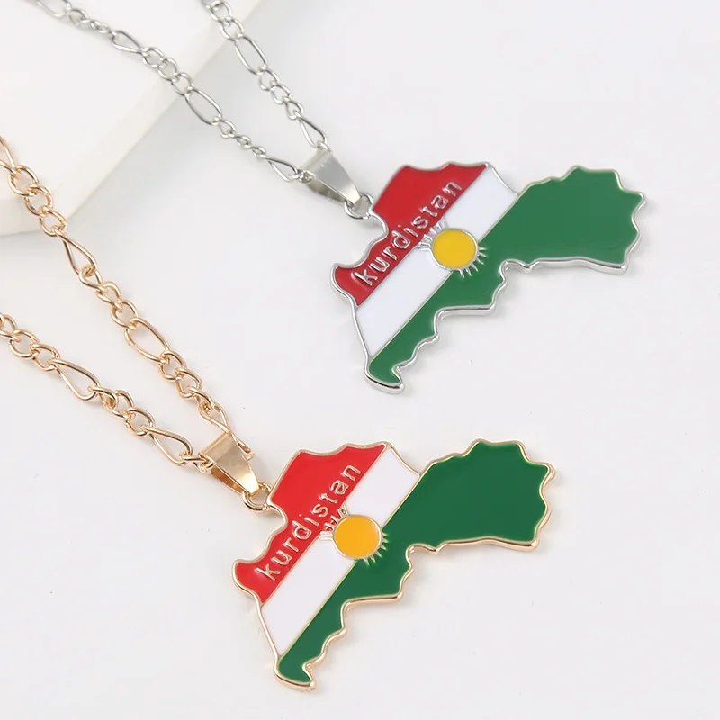Unisex Geometric Shape Oil Drop Craft Alloy Necklace Map Kurdistan Chain Flag Necklace For Decorating