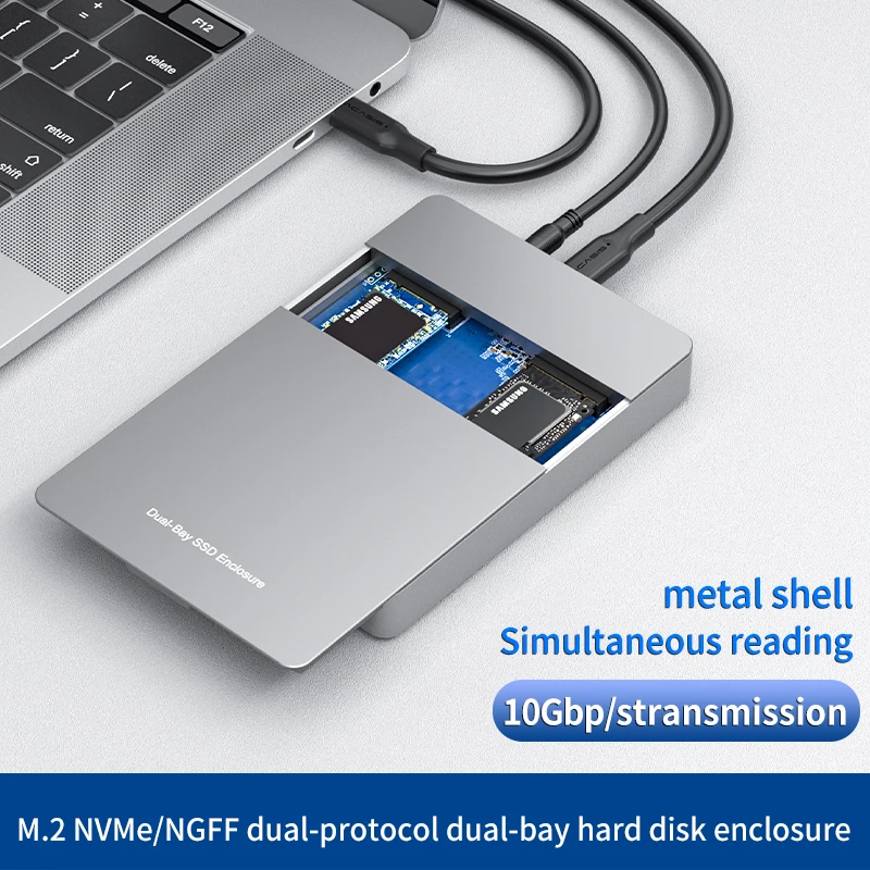 Dual Bay Dual Protocol M.2 SSD Case Support M2 NVME NGFF SATA SSD Disk For PCIE M Key +B Key USB C