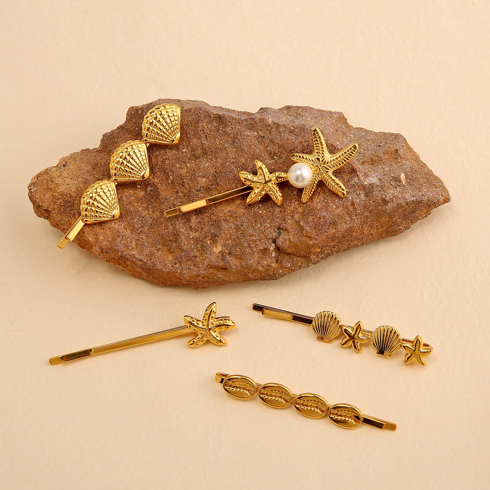18K PVD Gold Plated Starfish Shell Hair Clips Hair Accessories Non Tarnish Stainless Steel Pearl Hair Clip For Women