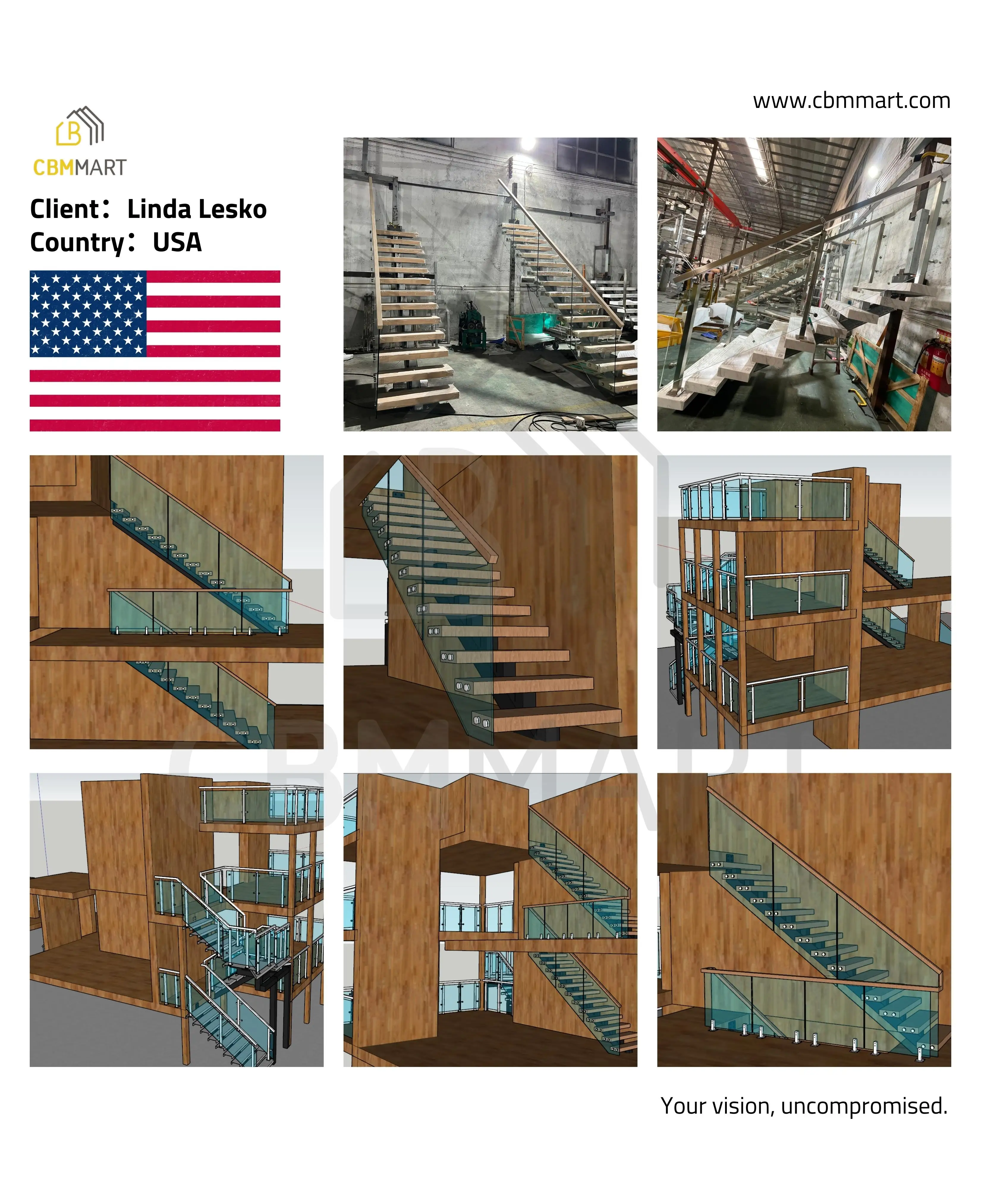 CBMmart High Quality Custom  Indoor Wood Stairs Wooden Staircases Iron Metal Balusters