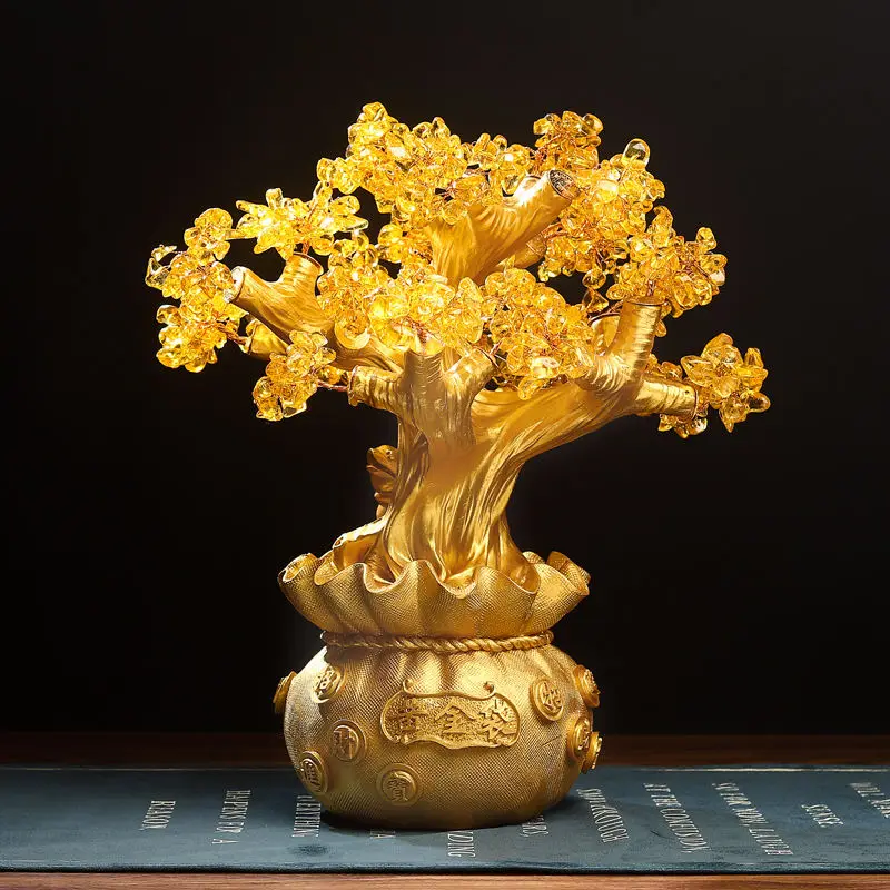 Wholesale creative Chinese style Chinatown golden luxury decoration Citrine Oak tree resin crafts Home Feng Shui ornaments