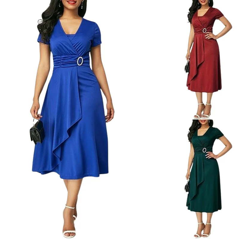 Summer Elegant Women Solid Color Short Sleeve V Neck Asymmetric Hem High Waisted Skirt Women Evening Vestidos Summer Dresses