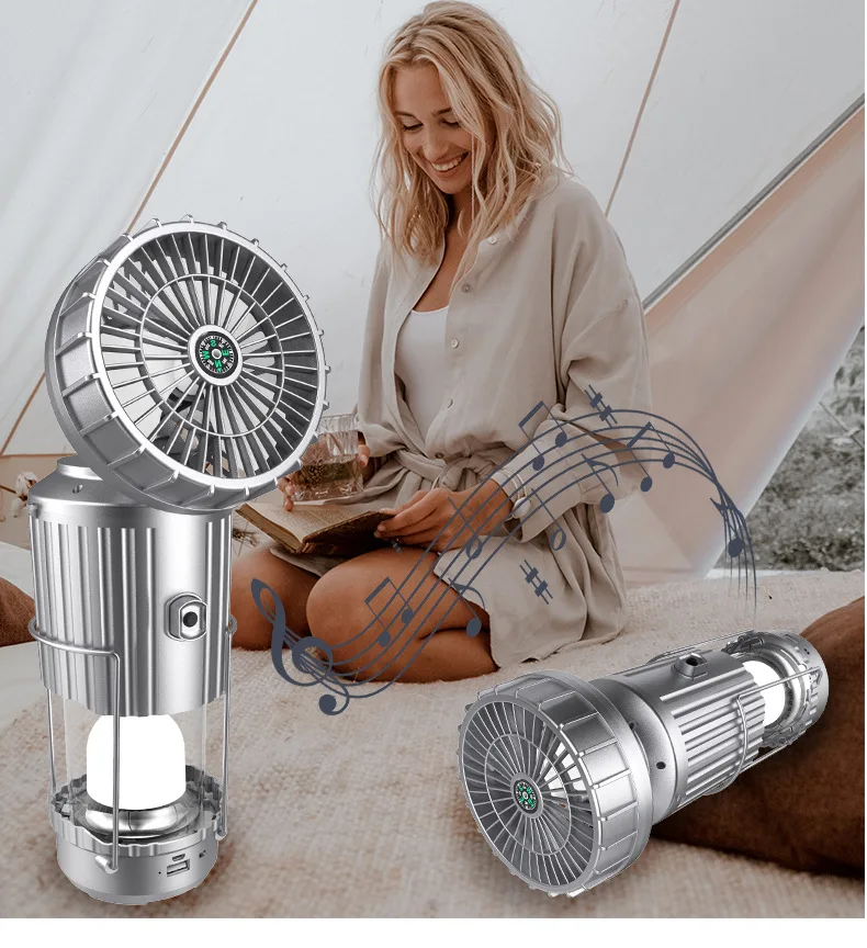 2024 New 360 Degrees Solar Camping Fan 3000mAh Rechargeable LED Lantern Tent Light with Flashlight & Speaker