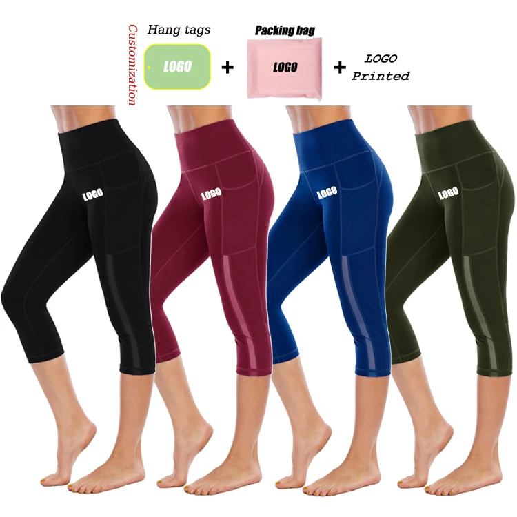 2021 yoga wear custom logo  3/4 Fashion high quality yoga active wear black mesh leggings