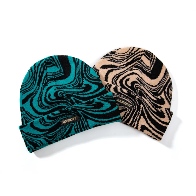 Winter Knitted Hat Logo Jacquard Beanie Unisex Y2K Beanie With Rubber Patch