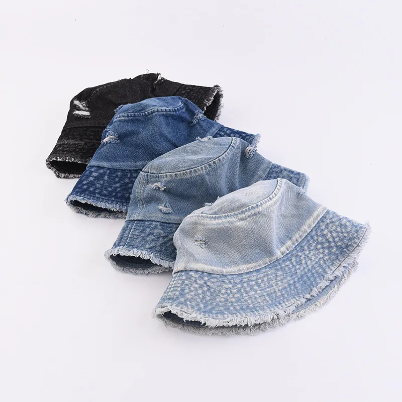 fashion vintage high quality denim bucket hat unisex custom logo embroidery women jeans bucket hats with hole