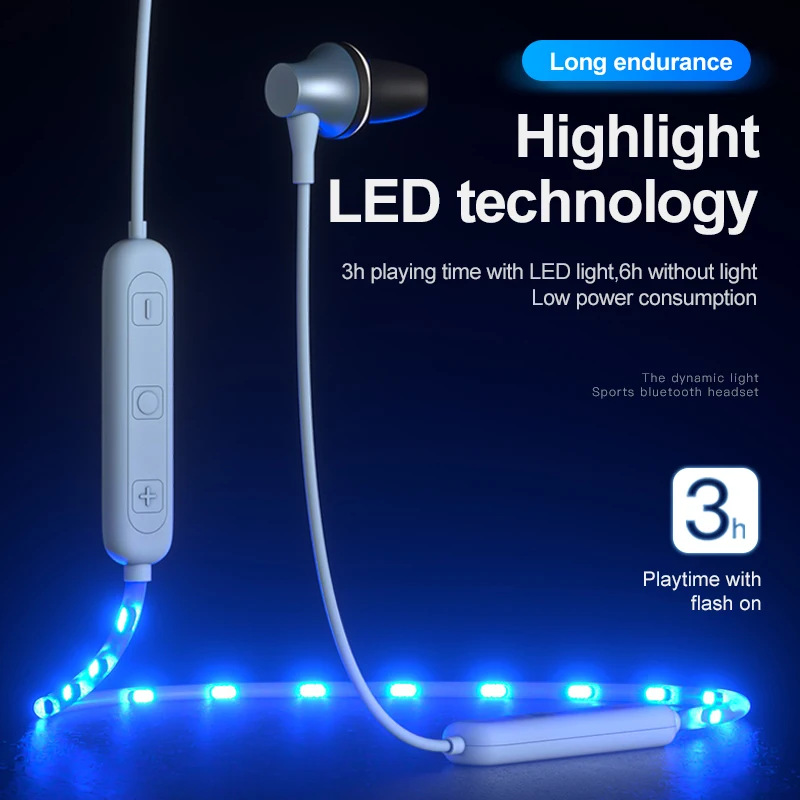 
Hot fashion neckband waterproof bluetooth earphone active noise cancelling bluetooth headset led light earphones for sports 