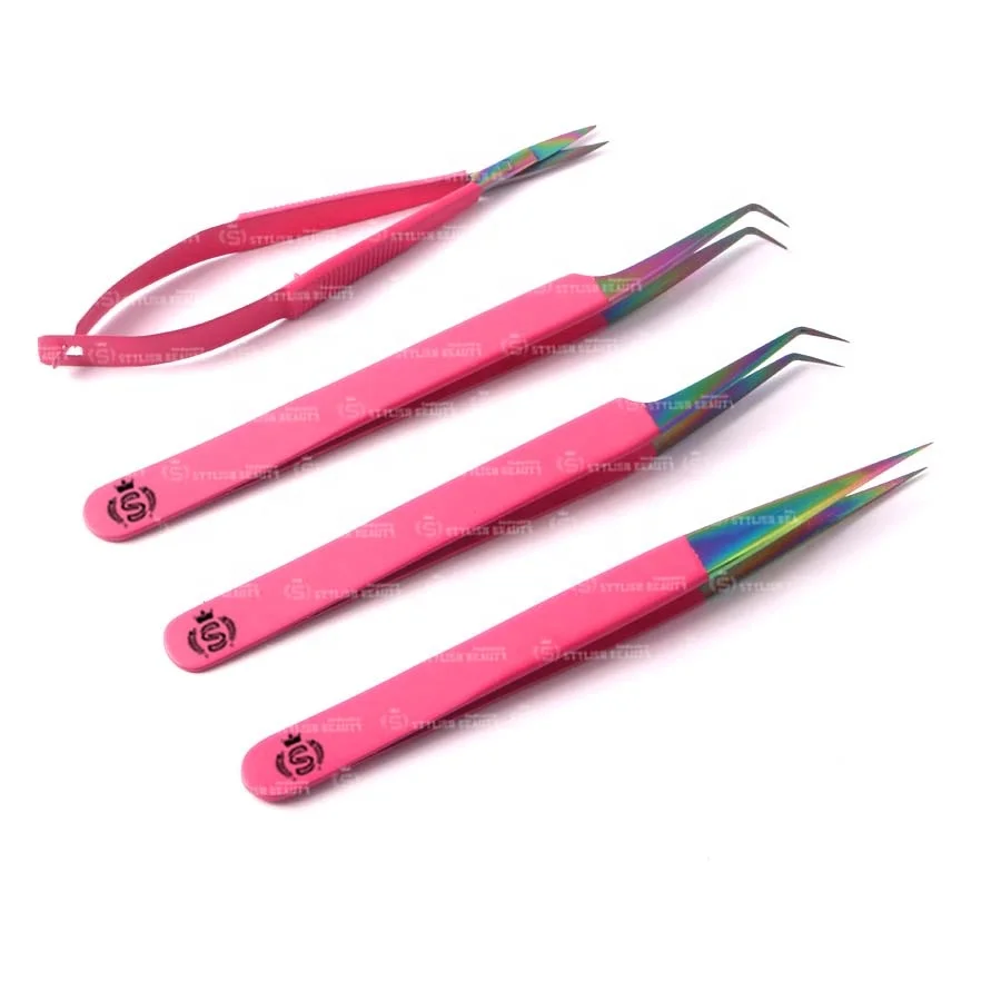 Pink Color Straight Tweezers Eyelash Extension Tweezers Punch color Multi points Custom marking pliers