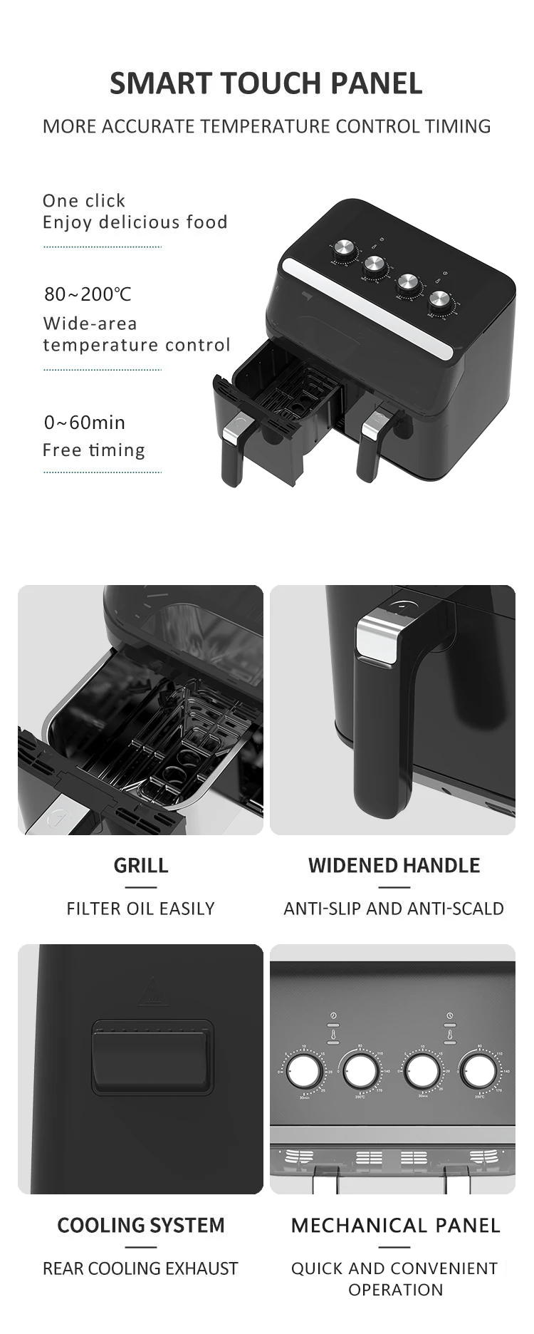 YYZG-800 Modern 2200W Max Power Electric Air Fryer Smart Digital Stainless Steel Double Touch Screen Oil-Free Cooking Accessory