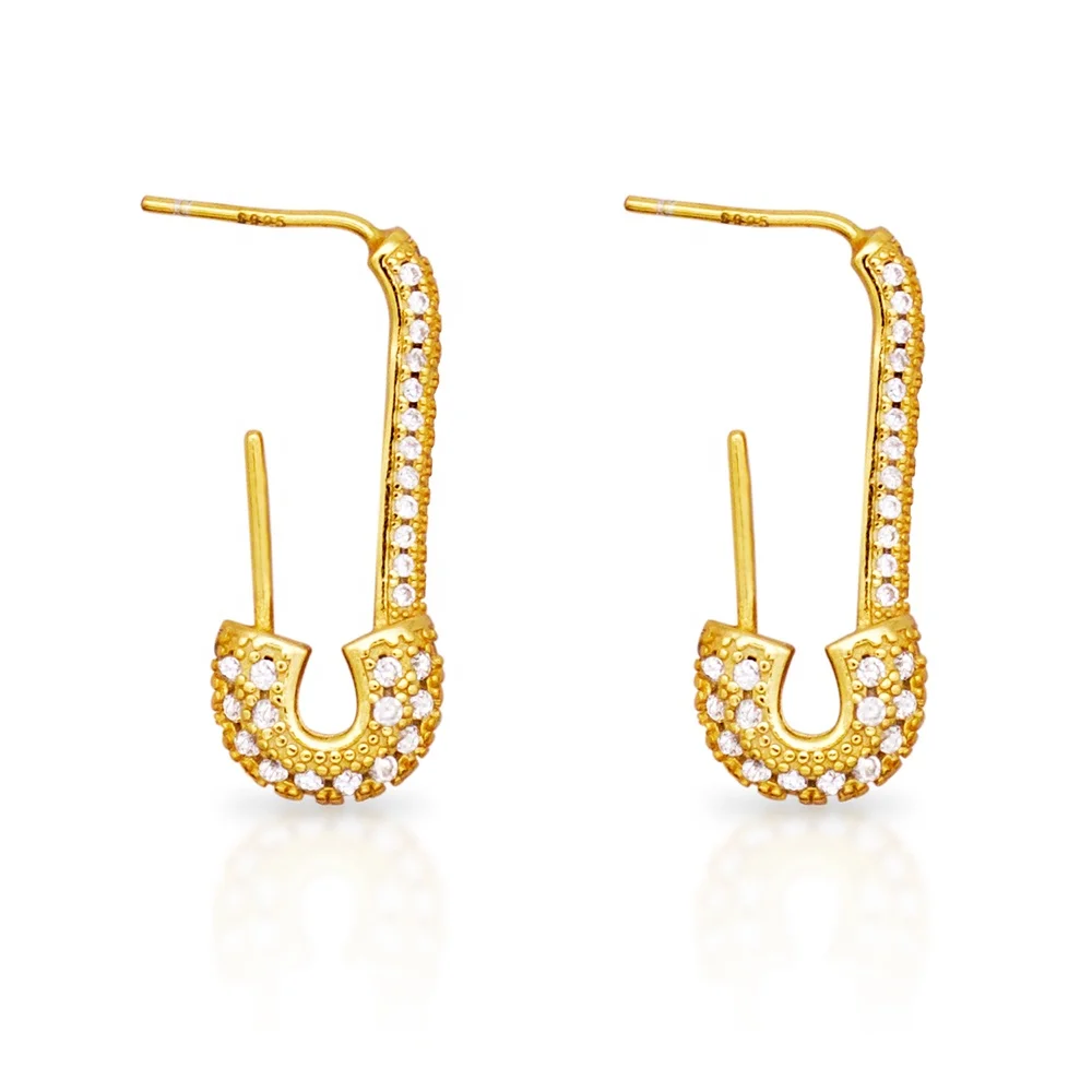 Chris April fashion 925 sterling silver 18k gold plated safety Micro-embedded zircon Pin-shaped earrings