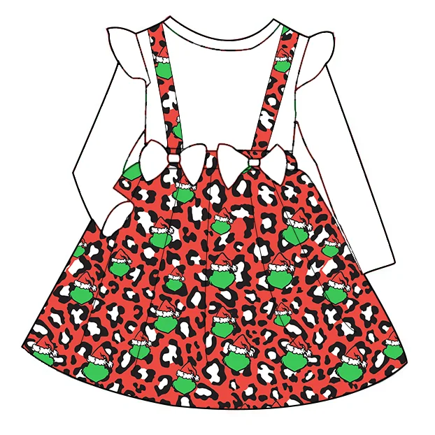 Christmas New Arrival Fashionable Kids Long Sleeve  Bowknot Overall  Dress Custom Printing  Comfortable Fabric Princess Dress