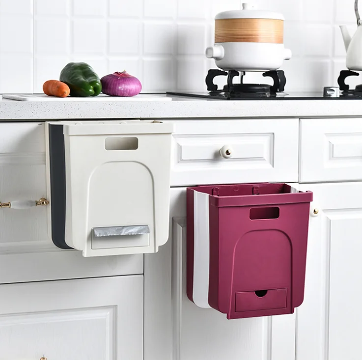 Household Kitchen Waste Cabinets Hang Folding Trash Can For Storage