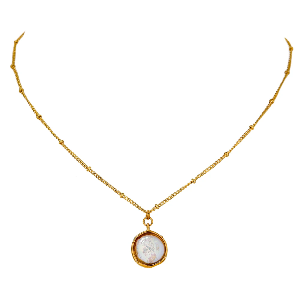JINYOU 298 Natural Pearl Round Cast Pendant Chain Necklace for Women 18K Gold Plated Stainless Steel Collar Necklace