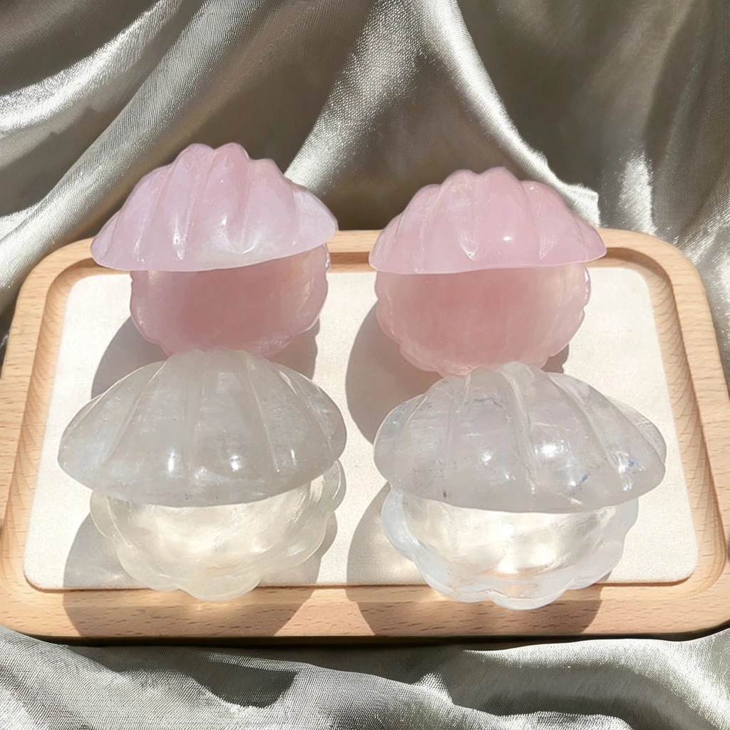 Handmade Natural Crystal Seashell Rose Clear Quartz Gemstone Folk Art Specimen Gift & Decoration Carved Technique Animal Theme