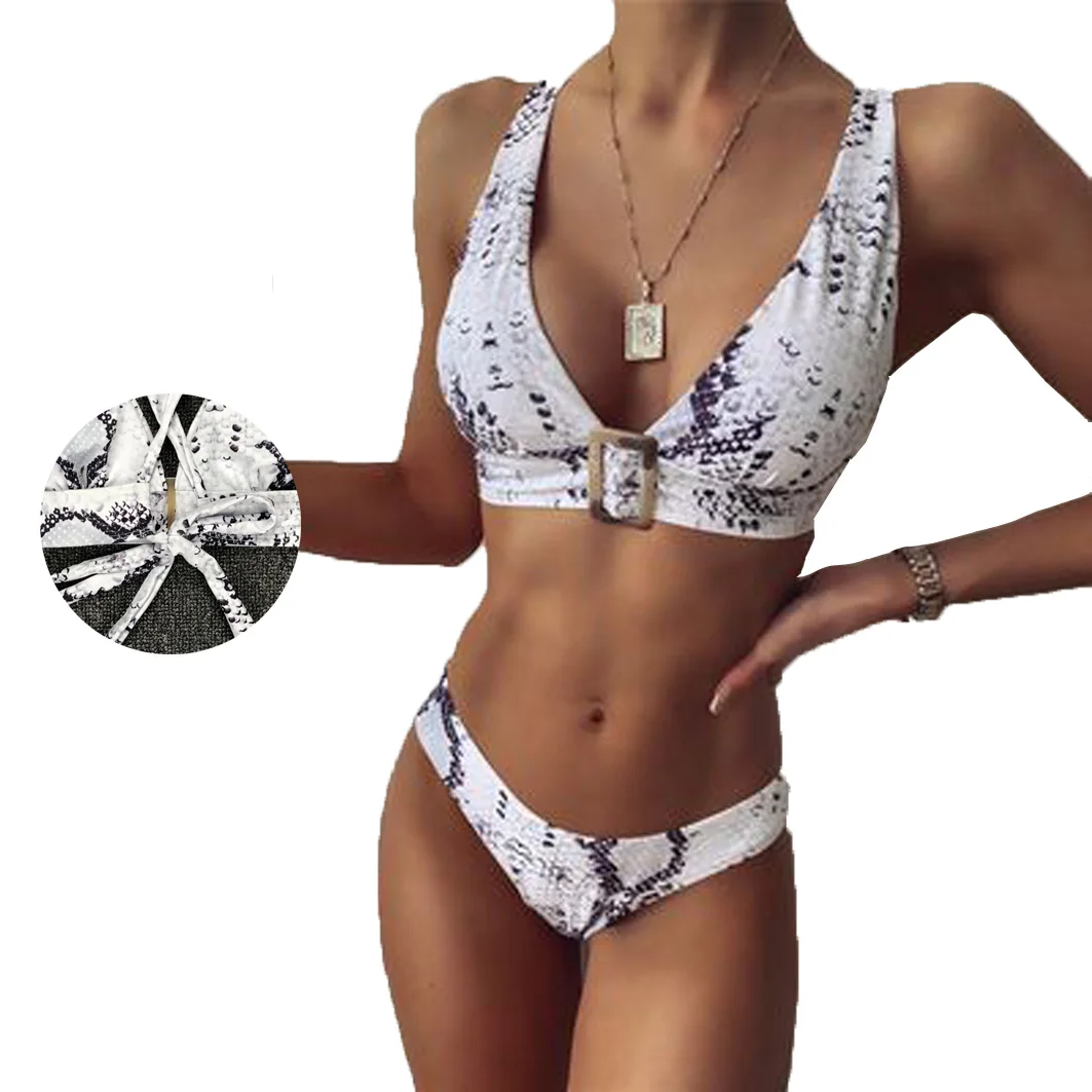 2020 Two Piece Swim Wear Snake Skin Push Up Swim Wear Metallic Buckle Swimsuit String Bikini